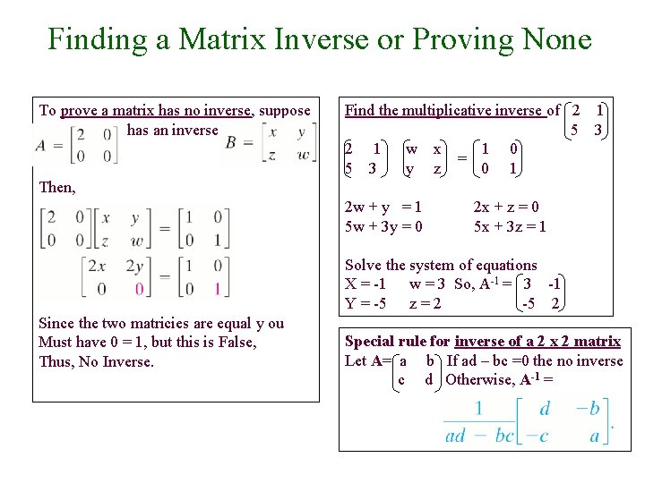 Finding a Matrix Inverse or Proving None To prove a matrix has no inverse,