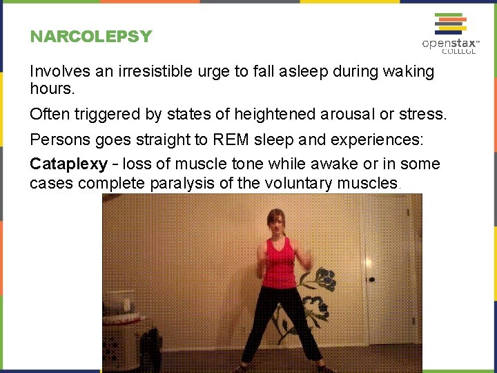 NARCOLEPSY Involves an irresistible urge to fall asleep during waking hours. Often triggered by