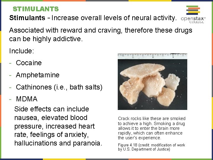 STIMULANTS Stimulants – Increase overall levels of neural activity. Associated with reward and craving,