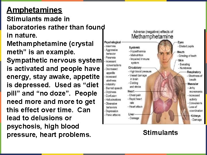 Amphetamines Stimulants made in laboratories rather than found in nature. Methamphetamine (crystal meth” is