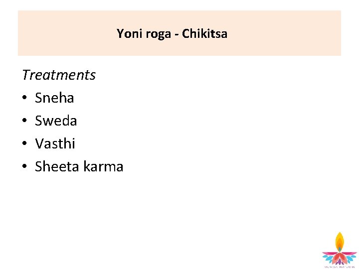 Yoni roga - Chikitsa Treatments • Sneha • Sweda • Vasthi • Sheeta karma