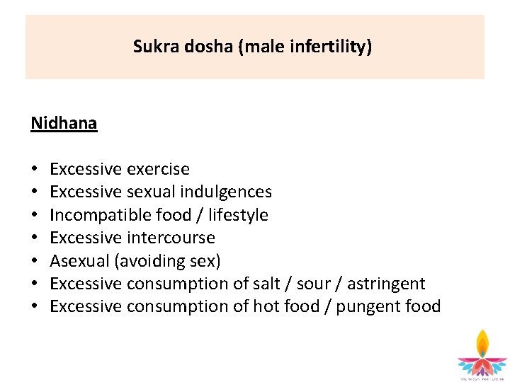 Sukra dosha (male infertility) Nidhana • • Excessive exercise Excessive sexual indulgences Incompatible food