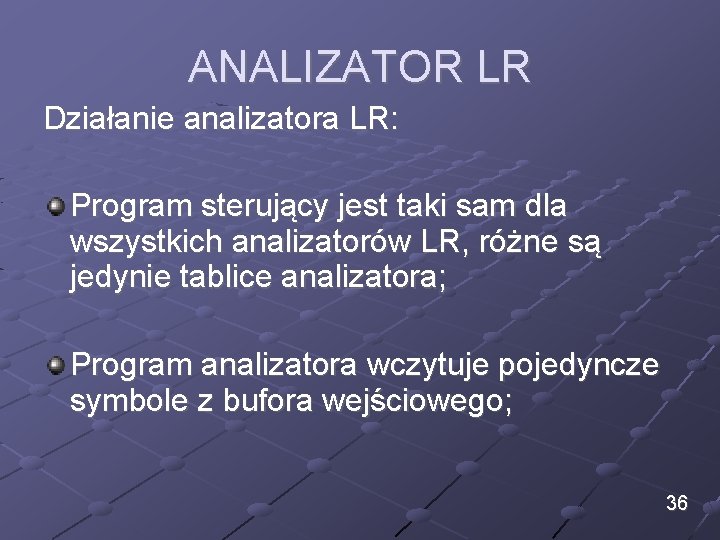 ANALIZATOR LR Działanie analizatora LR: Program sterujący jest taki sam dla wszystkich analizatorów LR,