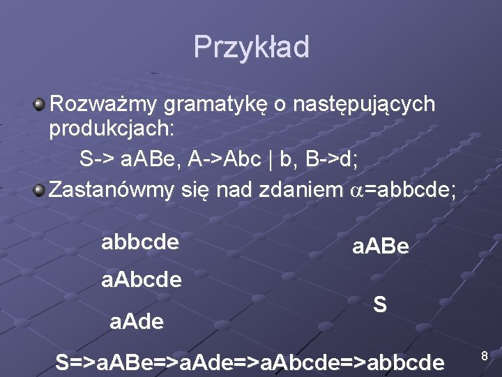 Przykład Rozważmy gramatykę o następujących produkcjach: S-> a. ABe, A->Abc | b, B->d; Zastanówmy