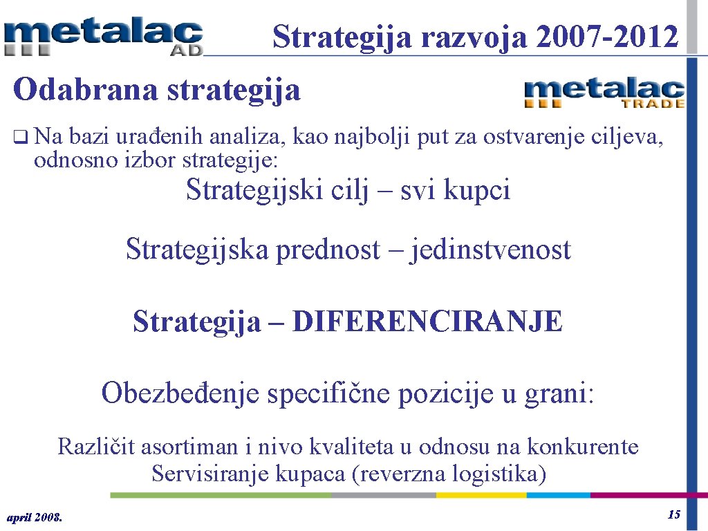 Strategija razvoja 2007 -2012 Odabrana strategija q Na bazi urađenih analiza, kao najbolji put