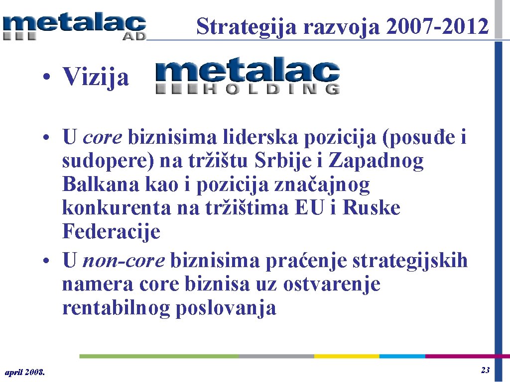 Strategija razvoja 2007 -2012 • Vizija • U core biznisima liderska pozicija (posuđe i