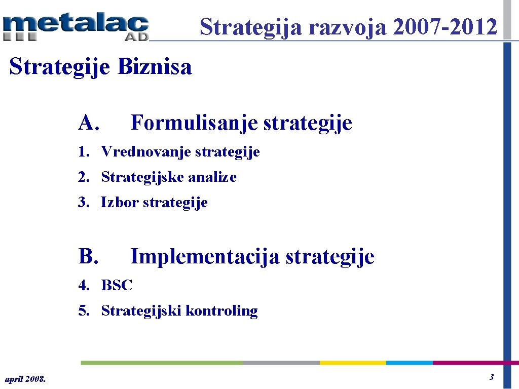 Strategija razvoja 2007 -2012 Strategije Biznisa A. Formulisanje strategije 1. Vrednovanje strategije 2. Strategijske