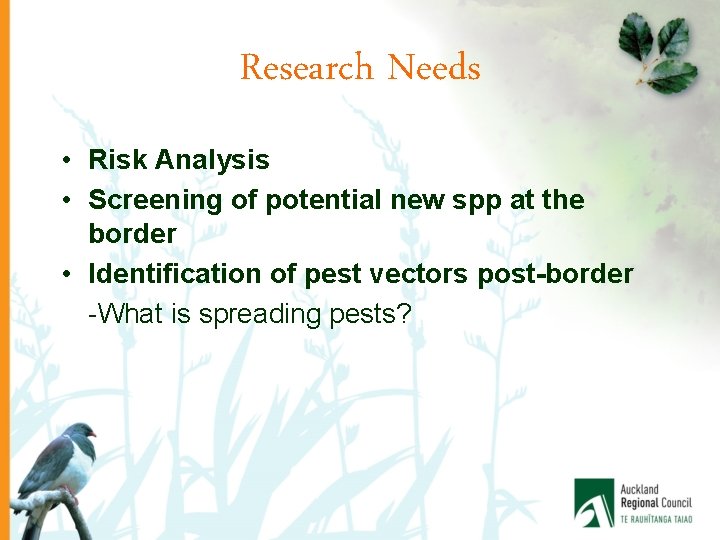 Research Needs • Risk Analysis • Screening of potential new spp at the border