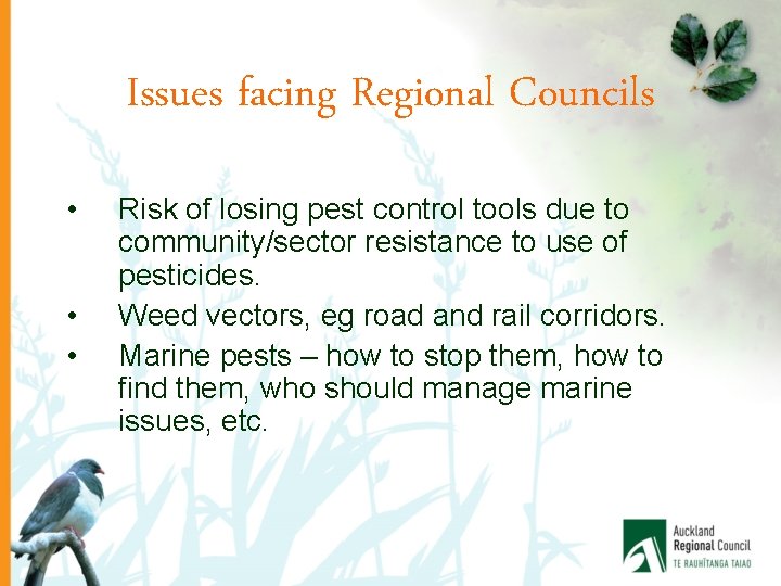 Issues facing Regional Councils • • • Risk of losing pest control tools due