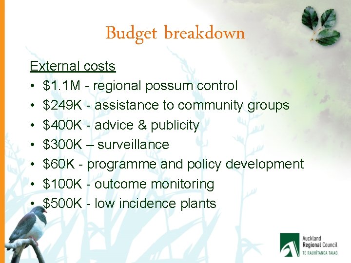 Budget breakdown External costs • $1. 1 M - regional possum control • $249