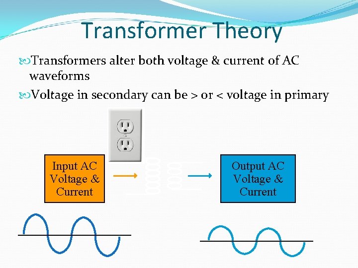 Transformer Theory Transformers alter both voltage & current of AC waveforms Voltage in secondary