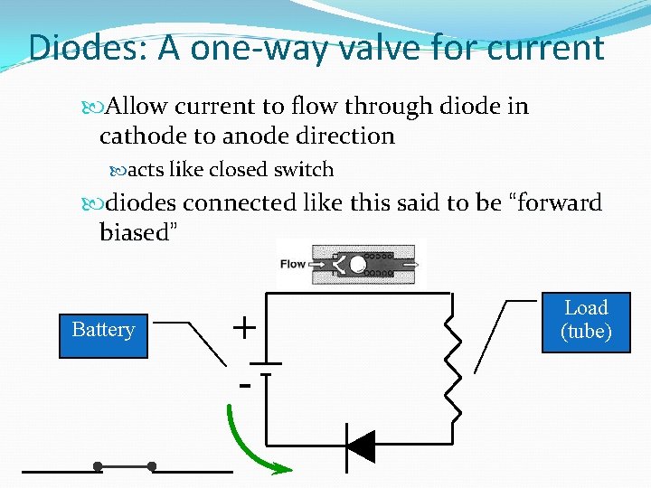 Diodes: A one-way valve for current Allow current to flow through diode in cathode