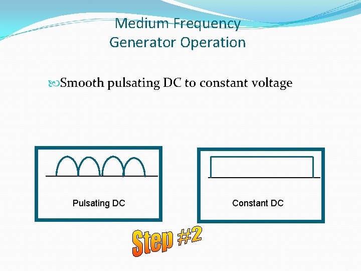 Medium Frequency Generator Operation Smooth pulsating DC to constant voltage Pulsating DC Constant DC