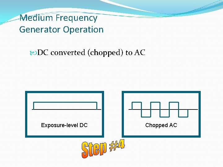 Medium Frequency Generator Operation DC converted (chopped) to AC Exposure-level DC Chopped AC 