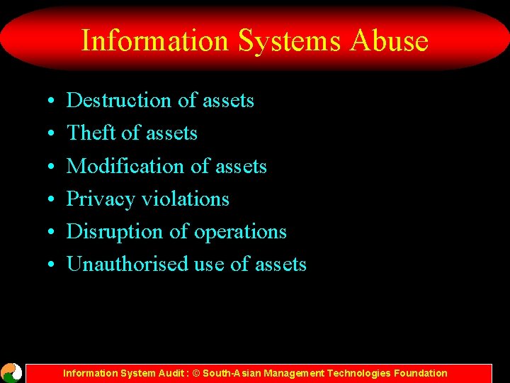 Information Systems Abuse • • • Destruction of assets Theft of assets Modification of