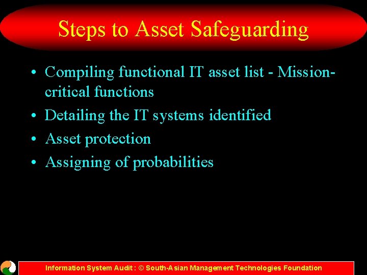 Steps to Asset Safeguarding • Compiling functional IT asset list - Missioncritical functions •