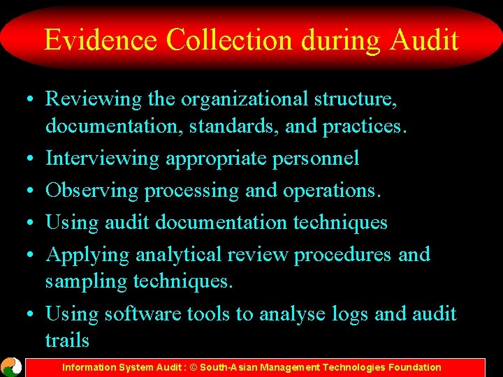 Evidence Collection during Audit • Reviewing the organizational structure, documentation, standards, and practices. •