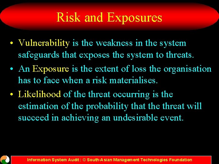 Risk and Exposures • Vulnerability is the weakness in the system safeguards that exposes