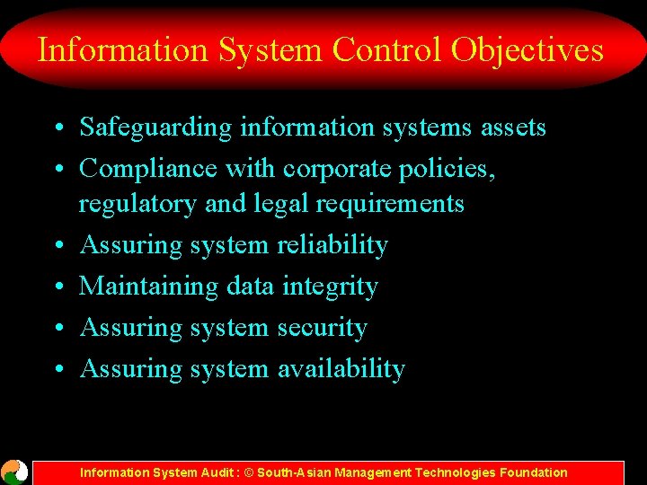 Information System Control Objectives • Safeguarding information systems assets • Compliance with corporate policies,