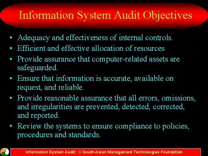 Information System Audit Objectives • Adequacy and effectiveness of internal controls. • Efficient and
