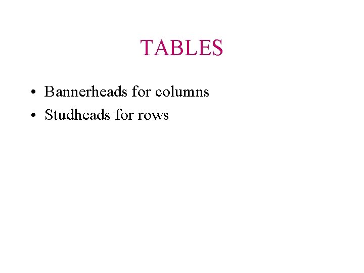 TABLES • Bannerheads for columns • Studheads for rows 