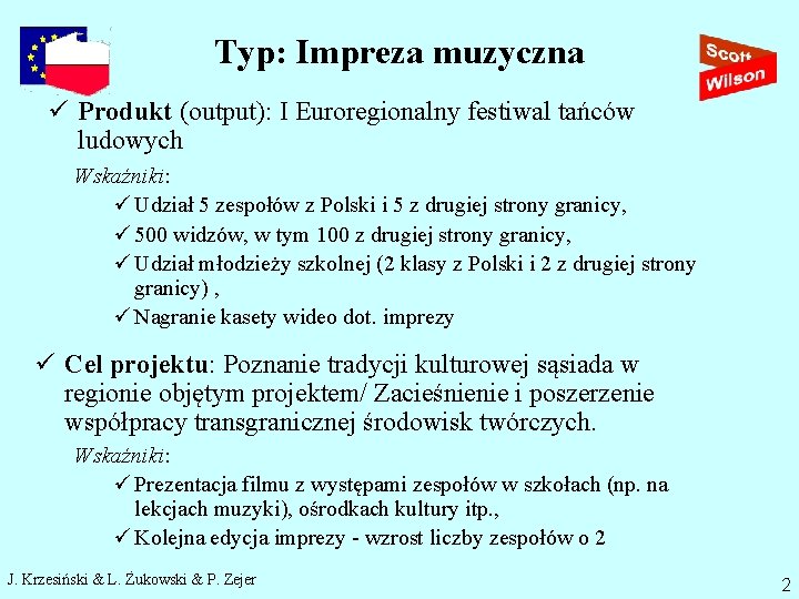 Typ: Impreza muzyczna ü Produkt (output): I Euroregionalny festiwal tańców ludowych Wskaźniki: ü Udział