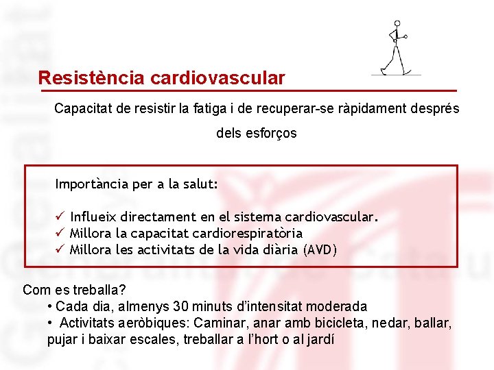 Resistència cardiovascular Capacitat de resistir la fatiga i de recuperar-se ràpidament després dels esforços