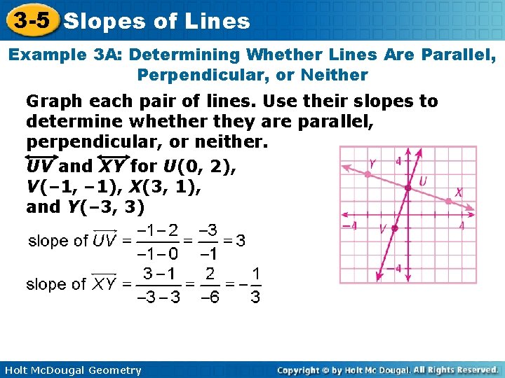 3 -5 Slopes of Lines Example 3 A: Determining Whether Lines Are Parallel, Perpendicular,