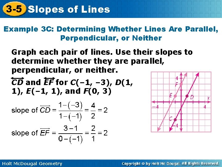 3 -5 Slopes of Lines Example 3 C: Determining Whether Lines Are Parallel, Perpendicular,