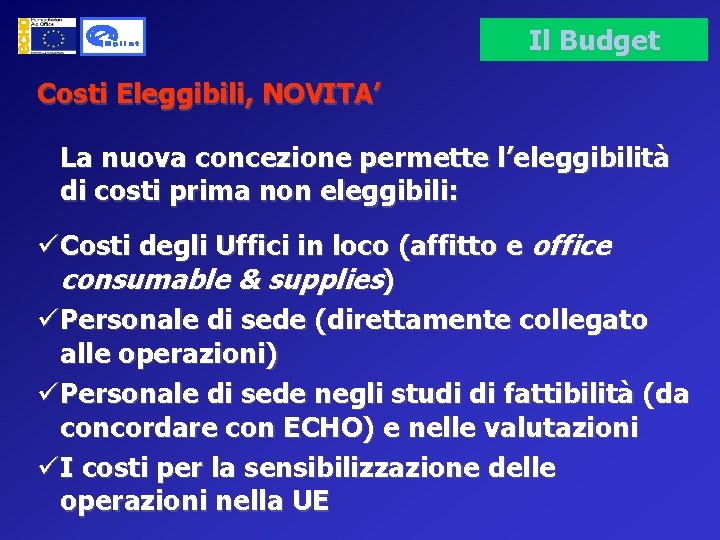 Il Budget Costi Eleggibili, NOVITA’ La nuova concezione permette l’eleggibilità di costi prima non