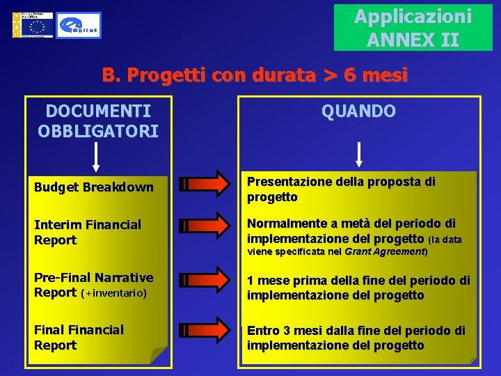 Applicazioni ANNEX II B. Progetti con durata > 6 mesi DOCUMENTI OBBLIGATORI QUANDO Budget