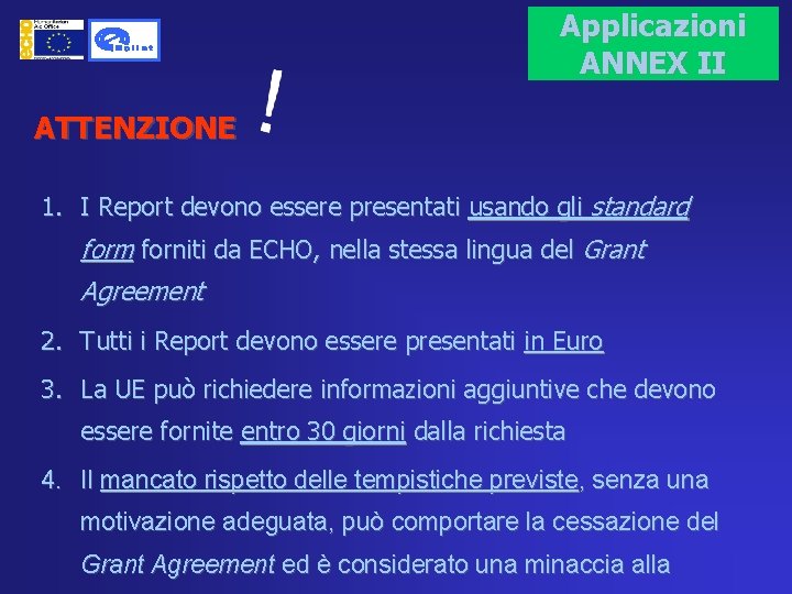 Applicazioni ANNEX II ATTENZIONE 1. I Report devono essere presentati usando gli standard form