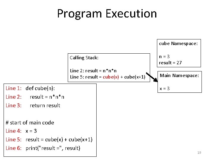 Program Execution cube Namespace: Calling Stack: n=3 result = 27 Line 2: result =