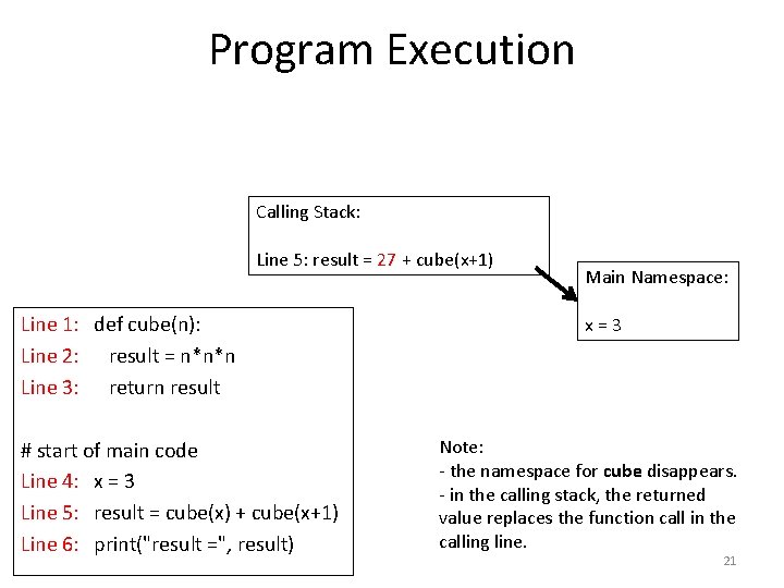 Program Execution Calling Stack: Line 5: result = 27 + cube(x+1) Line 1: def