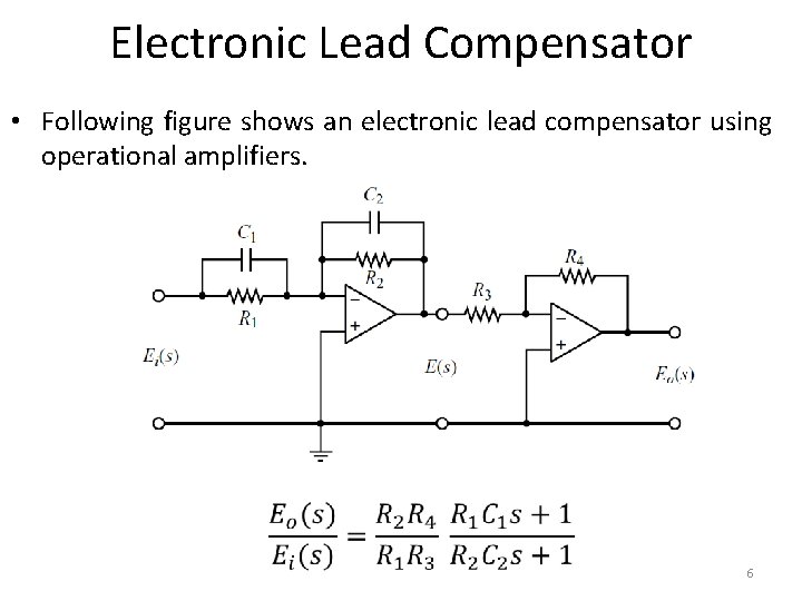 Electronic Lead Compensator • Following figure shows an electronic lead compensator using operational amplifiers.