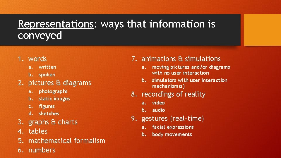 Representations: ways that information is conveyed 1. words a. b. written spoken 2. pictures