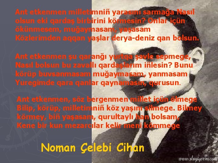 Ant etkenmen milletimniñ yarasını sarmağa Nasıl olsun eki qardaş birbirini körmesin? Onlar içün ökünmesem,