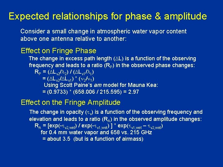 Expected relationships for phase & amplitude Consider a small change in atmospheric water vapor Expected relationships for phase & amplitude Consider a small change in atmospheric water vapor