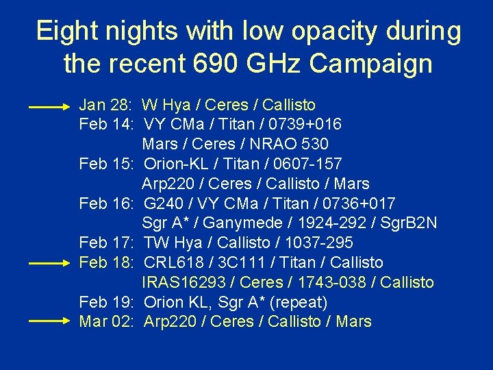Eight nights with low opacity during the recent 690 GHz Campaign Jan 28: W Eight nights with low opacity during the recent 690 GHz Campaign Jan 28: W
