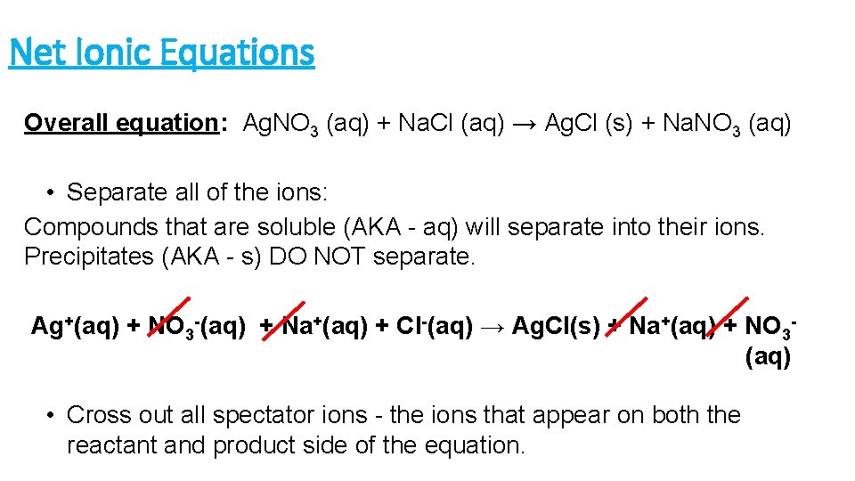 Net Ionic Equations Overall equation: Ag. NO 3 (aq) + Na. Cl (aq) →