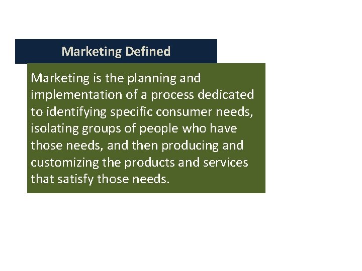 Marketing Defined Marketing is the planning and implementation of a process dedicated to identifying