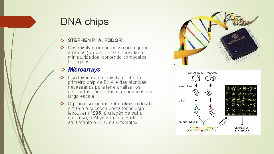 DNA chips STEPHEN P. A. FODOR Desenvolver um processo para gerar arranjos (arrays) de
