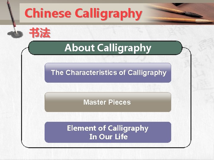 Chinese Calligraphy 书法 About Calligraphy The Characteristics of Calligraphy Master Pieces Element of Calligraphy