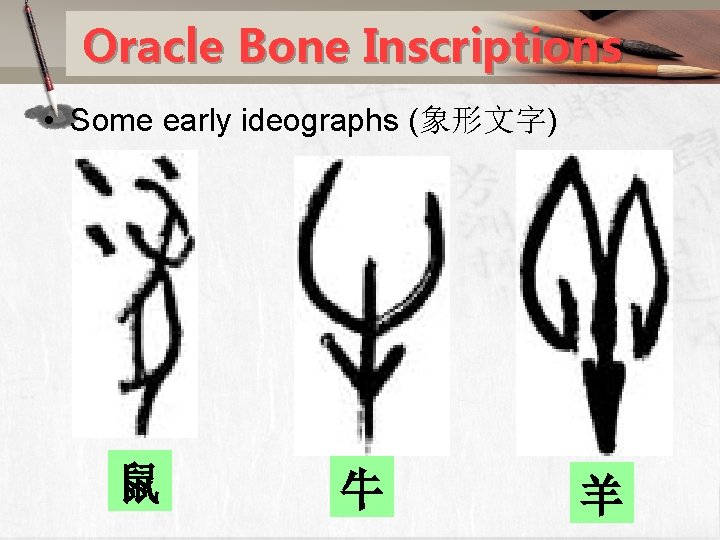 Oracle Bone Inscriptions • Some early ideographs (象形文字) 鼠 牛 羊 