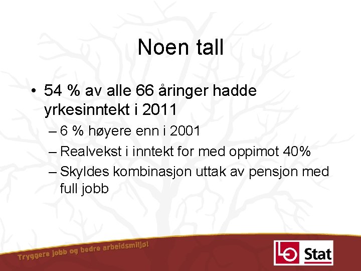 Noen tall • 54 % av alle 66 åringer hadde yrkesinntekt i 2011 –