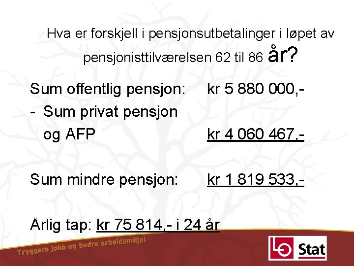 Hva er forskjell i pensjonsutbetalinger i løpet av pensjonisttilværelsen 62 til 86 år? Sum