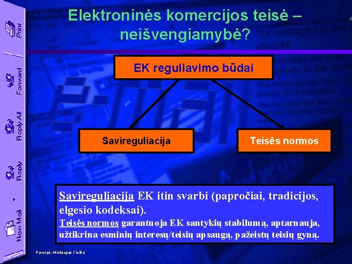 Elektroninės komercijos teisė – neišvengiamybė? EK reguliavimo būdai Savireguliacija Teisės normos Savireguliacija EK itin