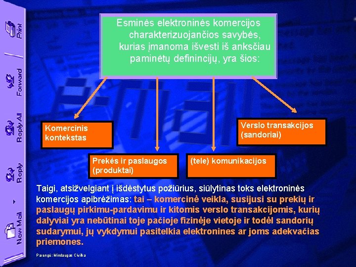 Esminės elektroninės komercijos charakterizuojančios savybės, kurias įmanoma išvesti iš anksčiau paminėtų definincijų, yra šios: