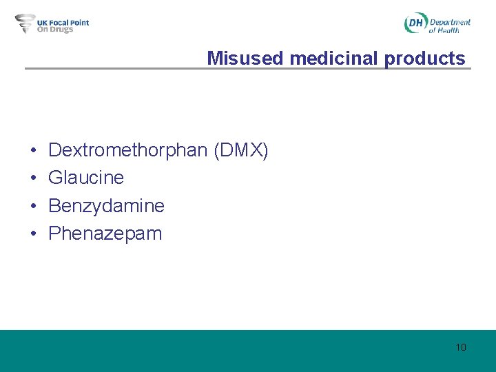 Misused medicinal products • • Dextromethorphan (DMX) Glaucine Benzydamine Phenazepam 10 