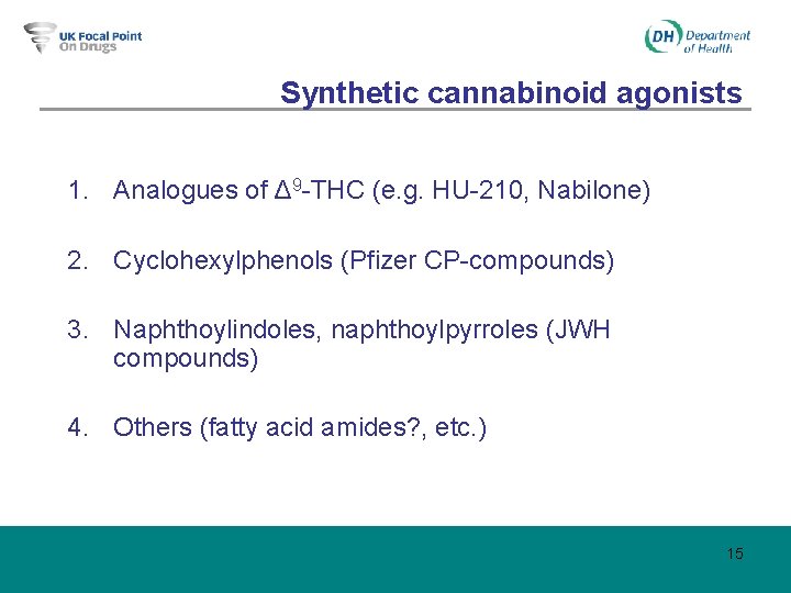 Synthetic cannabinoid agonists 1. Analogues of Δ 9 -THC (e. g. HU-210, Nabilone) 2.